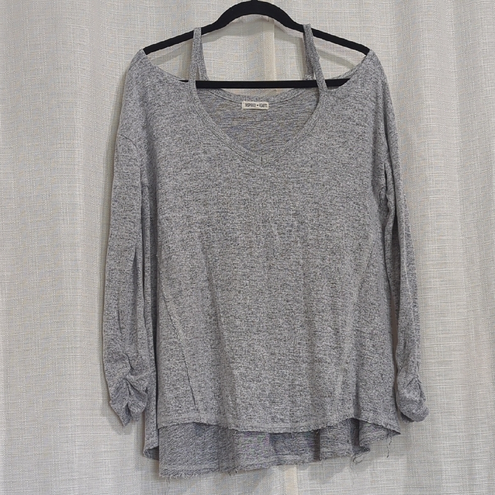 4/$20 Inspired Heart Sweatshirt Women's Gray V-Neck Cutout Shoulder Flare